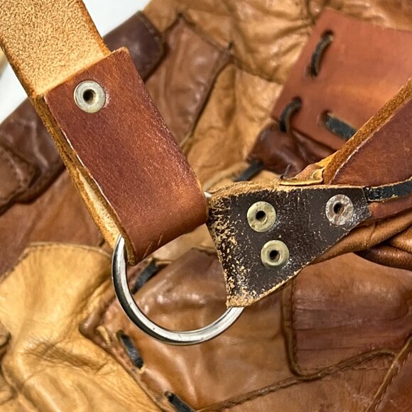 Vintage Patchwork Leather Purse Bag O Ring Shoulder Brown Boho Hippie Tan - Picture 6 of 11